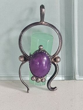 Vintage Navajo Sterling Silver Amethyst Chrysoprase Squash Blossom Naja Pendant